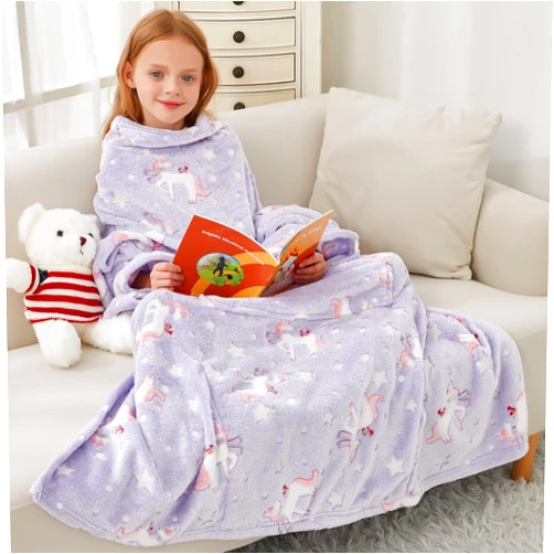 Softan Kids Wearable Fleece Blanket with Sleeves & Foot Pocket for Kids Girls Boys, Lightweight Soft Blanket,Glow in the dark Unicorn