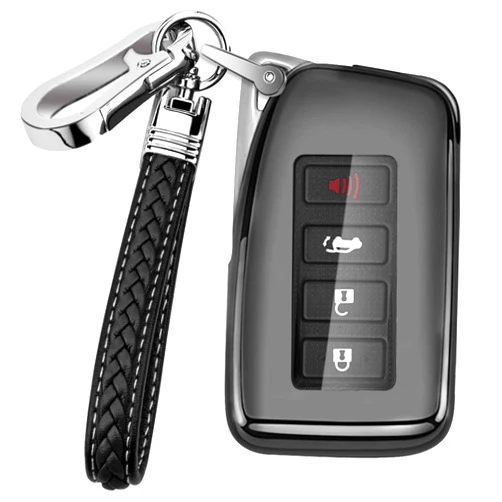 YUBOMT Key Fob Cover for Lexus,Soft TPU Key Shell with Leather Keychain for NX UX GX RX LX ES GS IS LS LC RC Smart Remote Key, Black