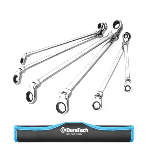 DURATECH Extra Long Flex-Head Ratcheting Wrench Set, Double Box End Wrench Set, 6-Piece, Metric 8-19 mm, CR-V Steel, with Pouch
