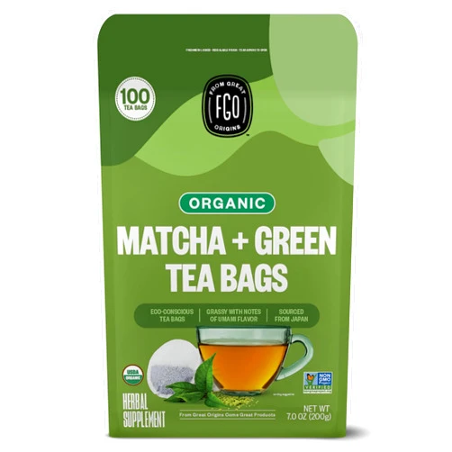 FGO Organic Japanese Matcha + Green Tea, Eco-Conscious Tea Bags, 100 Count, Packaging May Vary (Pack of 1)