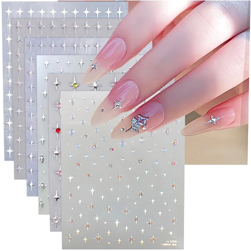 BYJKYEN Shiny Crystal Star Nail Stickers for Nail Art, 6 Sheets Shiny White Silver Stars Nail Decals 3D Self-Adhesive Star Nail Designs Sticker Nail Tips DIY Manicure Decoration Supplies for Women and Girls