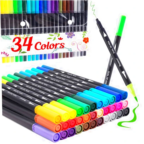 Reaeon Coloring Markers Pen, Dual Brush Tip Marker for Adult Coloring, 34 Color Calligraphy Fine Tip Pen for Beginner Journal Planner, Drawing, Doodle