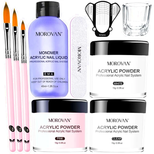 Morovan Acrylic Nail Kit: Clear Pink White Acrylic Powder and Professional Liquid set for Acrylic Nails Extension for Beginner DIY at Home with Acrylic Nail Brush