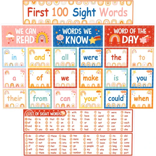 Cholemy 119 Pcs Boho Sight Words Pocket Chart Cards First 100 Sight Words Cards Rainbow Word Cards Sight Word Bulletin Board Set for Preschool Kindergarten Primary School Homeschool