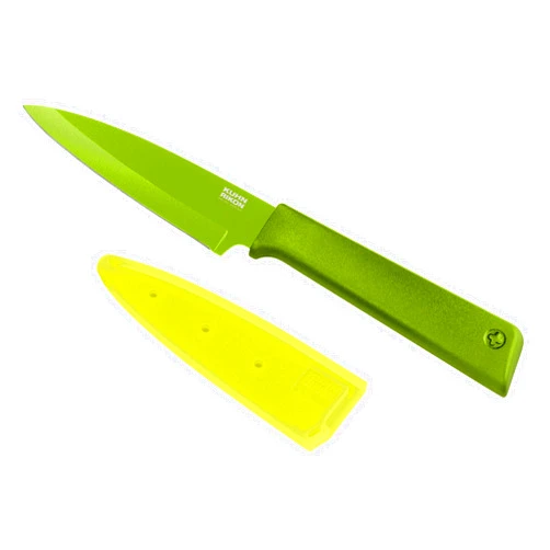 KUHN RIKON Colori+ Non-Stick Straight Paring Knife with Safety Sheath, 4 inch/10.16 cm Blade, Green