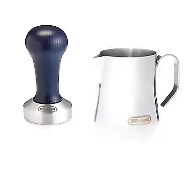 De'Longhi Stainless Steel Milk Frothing Pitcher, 12 ounce (350 ml), Barista Tool, Frother Jug for Espresso Machine Coffee Cappuccino Latte Art, DLSC0, 12 oz & DLSC058 Coffee Tamper 12 oz Jug + Coffee Tamper