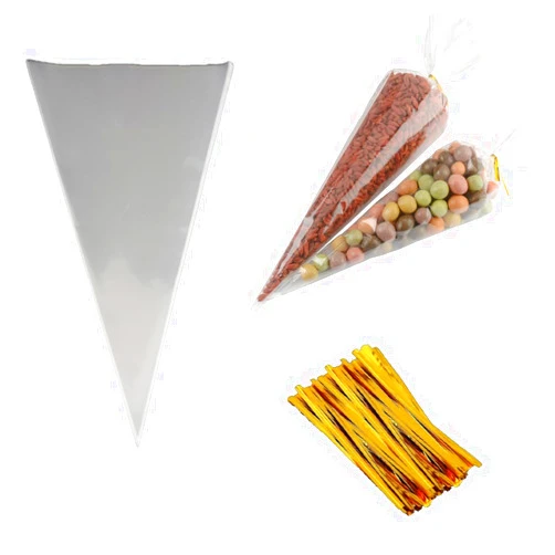COOLAKE Cone Shaped Treat Bags 100Pcs 14.5x7 Inch Clear Cone Bags Cellophane Treat Bags Popcorn bags with Twist Ties for Candy, Handmade,Cookies,Party Favors