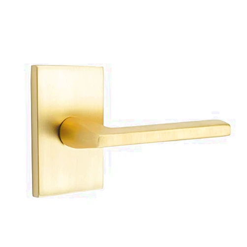 EMTEK Modern Rectangular Rosette Passage Set with Matching Finish Helios Lever - Choice of Left/Right Handing and 7 Finishes - 5112HLORHUS4 - Right Handed (RH) - Satin Brass (US4)