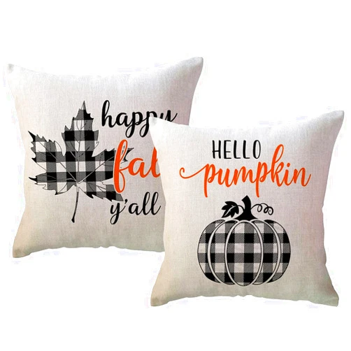 ULOVE LOVE YOURSELF Autumn Fall Pillow Covers 18x18 Set of 2 Black Buffalo Plaid Check Pumpkin Maple Leaves Farmhouse Decorative Cushion Cover Autumn Harvest Throw Pillow Cases for Sofa/Couch/Porch