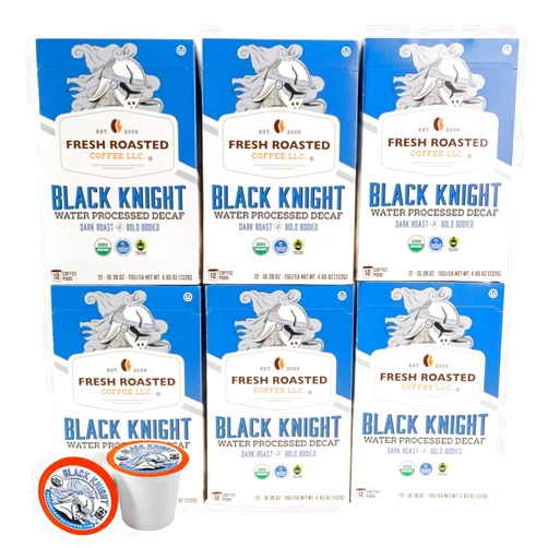 Fresh Roasted Coffee, Fair Trade Organic Black Knight Water-Processed Decaf, Dark Roast, Kosher | 72 Pods for K Cup Brewers