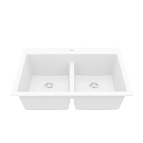 Karran 33 Inch White Quartz Composite Double Bowl Kitchen Sink, Top Mount Drop-In 50/50 Low Divider, Heat & Impact Resistant Granite Quartz Sink with Sound Dampening, QT-810