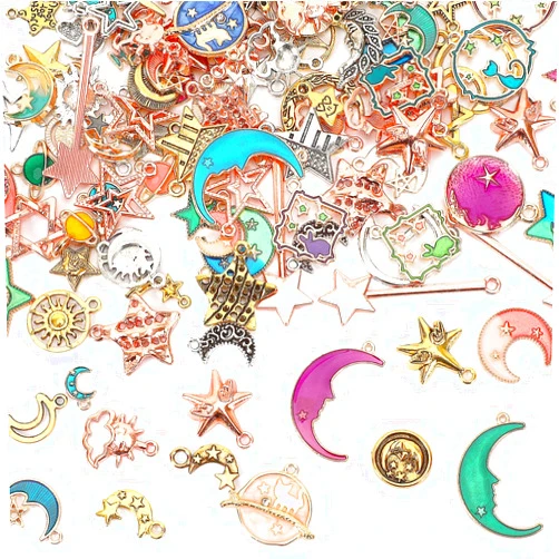 MARFOREVER 120 Pcs Mixed Sun Star Moon Charms for Jewelry Making, Celestial Charm Bracelet Charms Assorted Gold Enamel Charm Pendants for DIY Crafts Bracelet Necklace Earrings Making