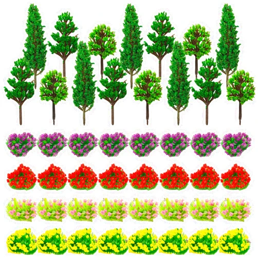 Warmtree 47 Pcs Mini Model Trees Miniature Colorful Flower Cluster,32 Miniature Flowers 15 Mixed Miniature Trees,Miniature Fairy Garden Tree Plant Train Landscape Military Layout Model Dioramas