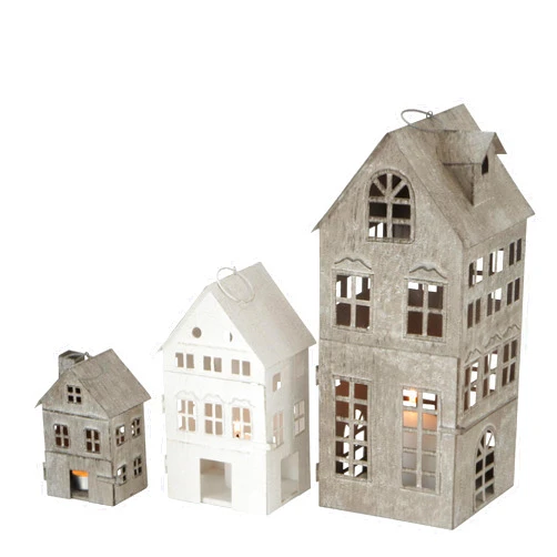 BOLTZE Americana Main Street Town House Candle Lanterns, Set of 3, Vintage Style, Weathered White and Rustic Gray, Metal, Hinged Doors, 14 1/2, 8 3/4 and 5 1/8 Inches Tall
