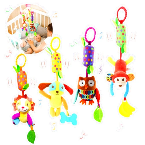 BLOOBLOOMAX Baby Soft Hanging Rattle, Car Seat Stroller Toys with Plush Animal C-Clip Ring for Infant Babies Boys and Girls 3 6 9 to 12 Months (4pcs)