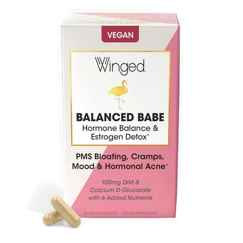 Winged Wellness Balanced Babe | Hormone Balance & Estrogen Detox for Women | PMS Bloating, Cramps, Mood Swings & Hormonal Acne | 100mg DIM, 100mg Calcium D-Glucarate & 6 Added Nutrients | 60ct