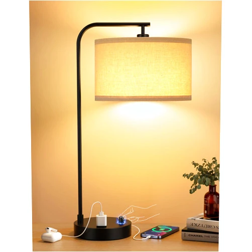 Innqoo Tall Table Lamp with USB Port and Outlet, Dimmable Nightstand Bedside Lamps with Linen Lampshade, Desk Lamp for Bedroom, Living Room, Guest Room, Home Office, LED Bulb Included