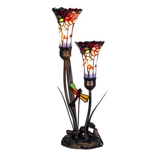 Bieye L10620 Lily Flowers and Dragonfly Tiffany Style Stained Glass Accent Table Lamp, 19-inch Tall