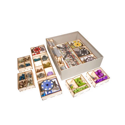 The Broken Token Game Organizer Compatible with Scythe - Wooden Game Organizing Box with Multiple Trays