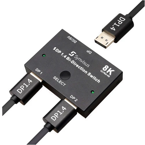 Synvisus Displayport Switch, Bi-Directional Manual DP 1.4 Switch 2 in 1 out Displayport Switch, 3D UHD 8K@60Hz, 4K@120Hz for PC Host Monitor Laptop etc