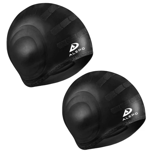 Alepo 2 Pack Unisex Swim Caps with 3D Ear Protection, Durable Flexible Silicone Swimming Hats for Women Men Kids Adults, Bathing Swimming Caps for Short/Long Hair with Ear Plugs&Nose Clip