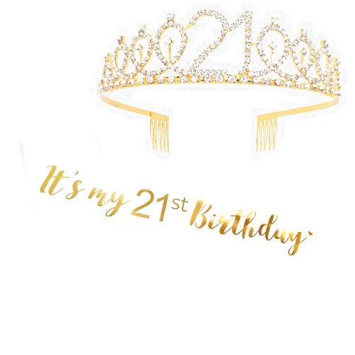 ADBetty 21st Birthday Tiara and Sash Set - White Sash/ Gold Foil Lettering, Rhinestone Tiara for Girl, 2 Piece Set, Costume Headwear for Young Adults, Perfect for Party Favors and Decorations