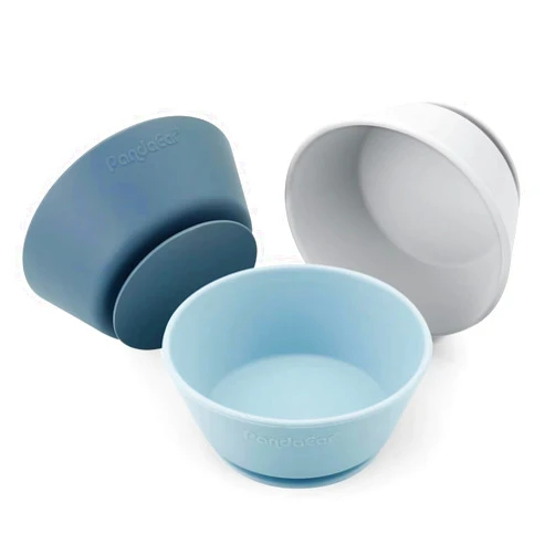 PandaEar 3 Pack Baby Suction Bowls|Silicone Food Bowls First Stage Feeding for Baby Toddler Infant Kids| Food Grade Soft Safe BPA-Free Silicone Toddler Bowls -Blue/Gray