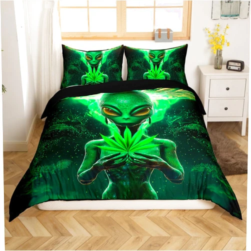 Erosebridal Trippy Alien Bedding Set Queen,Green Marijuana Duvet Cover Modern Psychedelic UFO Comforter Cover Abstract Geometric Quilt Cover for Kids Teens Boys Botanical Home Decorative,3Pcs