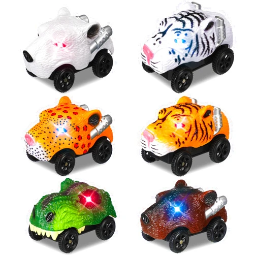 Skylety 6 Packs Dinosaur Track Car Race Replacement LED Light up Battery Powered Dinosaur Race Glow in The Dark Dino Accessories Compatible with Most Tracks, Car Only(Beast)