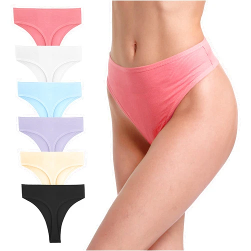 GAREDOB 6 Pack Women's Ribbed Cotton Thongs High Waist Seamless Panties Plus Size High Rise No Show Underwear