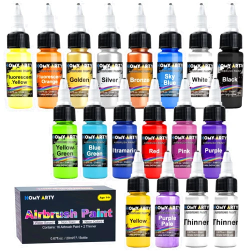 HOMY ARTY Airbrush Paint - 16 Colors with 2 Thinner, Ready to Spray, Water-Based, Acrylic Air Brush Paints for Metal, Plastic Models, Canvas, Wood - 18 Bottles