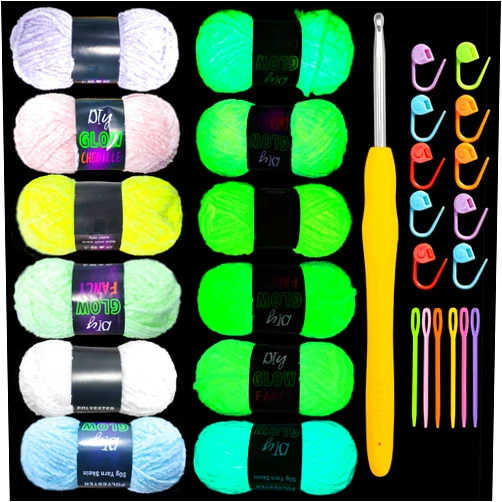 caichuxiye 6PCS Glow in The Dark Chenille Yarn,Beginner Yarn for Crocheting,DIY Handcrafts Weaving Soft Chenille Yarn,50g/Reel, 70m (76.5 Yds). (Mixed Colors)