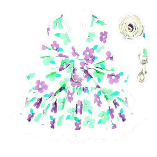 ABRRLO Dog Harness Dress Leash Set for Small Dog Summer Clothes Girl Female Puppy Cats Outfits Cute Floral Bowknot Princess Birthday Dress for Extra Small Pet Doggie Kitten Outfits Apparel(Green,XS)