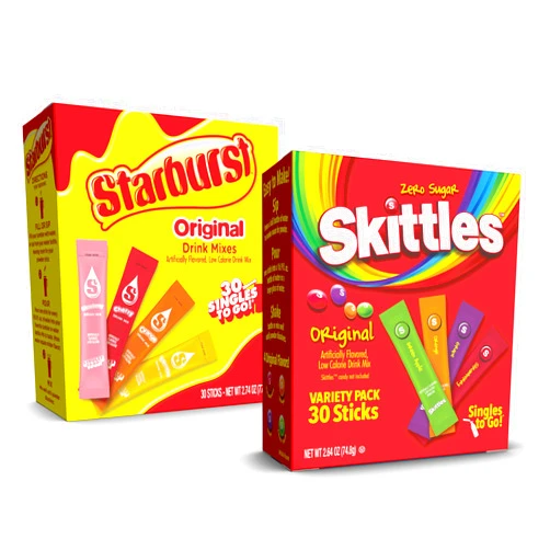 SINGLES TO GO! Skittles & Starburst Singles To Go Original & Starburst Flavors Variety Pack, Watertok Powdered Drink Mix, Zero Sugar, Low Calorie, Includes 4 Tropical & 4 Starburst Flavors, (60 Single Servings)