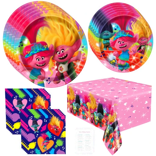 Unique Trolls Birthday Party Decorations - Plates and Napkins, Table Cloth, Checklist - Trolls Party Decorations - 8 Guests