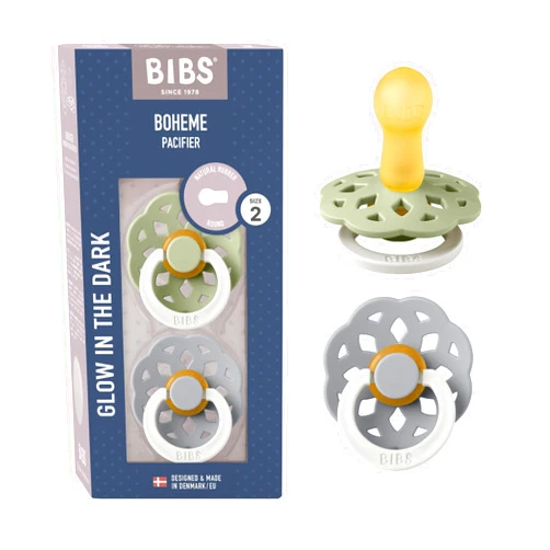 BIBS Boheme Glow in The Dark Soother 2-Pack. BPA Free. Round Latex, Size 2 (6-18 Months), Sage Glow/Cloud Glow