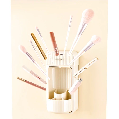 Chicmo Bathroom Makeup Brush Organizer,360°Rotating Wall Mounted Cosmetic Holder with Drawer, Dust-proof Covered Countertop Vanity Storage Box for Floss/Cotton Swabs/Hair Accessories/Lipsticks (beige)