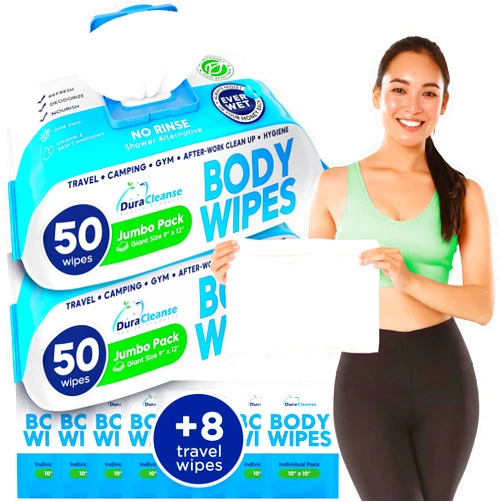 DuraCleanse Body Wipes for Adults Bathing No Rinse (2 Pack) 100 XL Shower Wipes + 8 Travel Bath Wipes - 9
