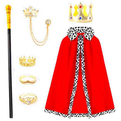 GZJINYUAN 7Pcs King Costume Outfit for Kids-Red Royal Cape Golden Crown Assembled Scepter Crown Chain Brooch 3 Crown Rings