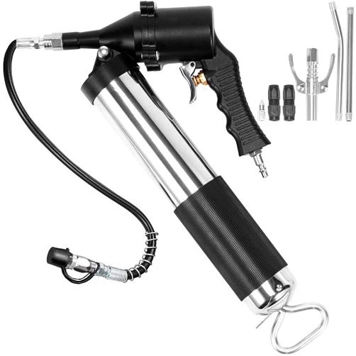 VEVOR Grease Gun, 6000PSI Air Operated Grease Gun, Heavy Duty Pneumatic Grease Gun with 14 oz Load, 18.5 Inch Flexible Hose, 1 Flat Coupler, 1 Pointed and Locking Clamp Coupler, 1 Bent Metal Pipe