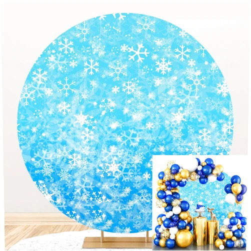 Kzzfqxb Polyester Diameter 6.5ft Round Blue Winter Snowflake Backdrop Fantasy Snowy Scene Photography Background Merry Christmas Party Decoration Wedding Birthday Baby Shower Photo Booth Props