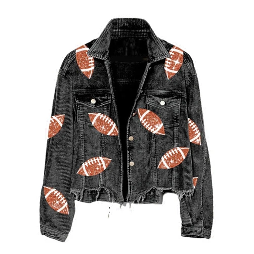 Xunger Women’s Football Corduroy Sequin Jacket Cropped Distresses Rugby Patched Shacket Coat