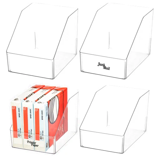 mDesign Plastic Slanted Open Front Office/Classroom Storage Container Organizer for Pens, Tape, Sticky Notes, Pencils, Highlighter Tape, Lumiere Collection, Includes 4 Bins + 32 Adhesive Labels, Clear
