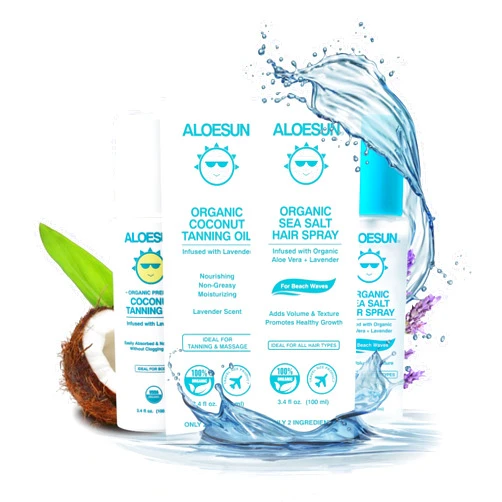 ALOESUN Organic Tanning Travel Size Bundle - Including Organic Coconut Tanning Oil and Sea Salt Hair Spray