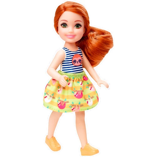 Barbie Club Chelsea Doll (6-inch) with Red Hair, Wearing Sloth Graphic and Skirt, for 3 to 7 Year Olds