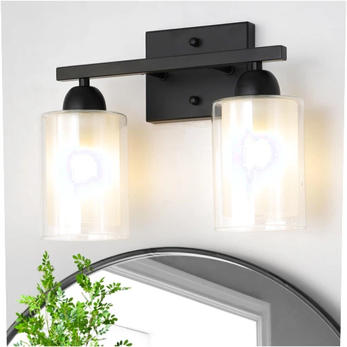 Mecgirn 2 Light Bathroom Vanity Light Over Mirror, Matte Black Bathroom Light Fixtures with Clear Glass Shades and Milk Glass, Modern Vanity Lighting Wall Mount