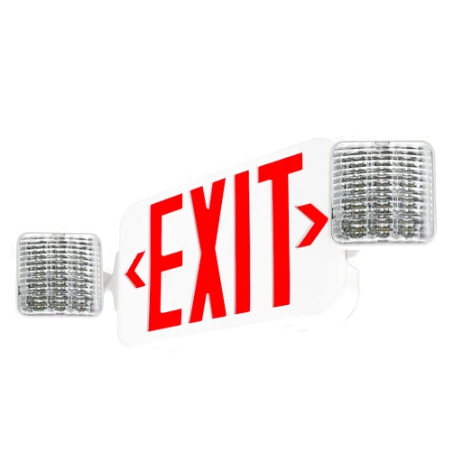 Light Fixture Industries LFI Lights | Combo Red Exit Sign with Emergency Lights | White Housing | All LED | Two Adjustable Square Heads | Hardwired with Battery Backup | UL Listed | COMBO2-R-W-BB
