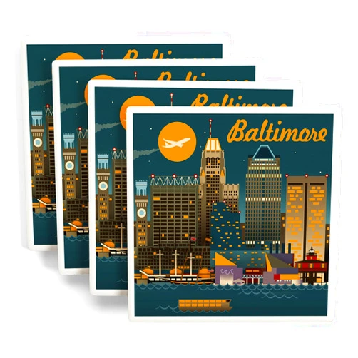 Lantern Press Baltimore, Maryland, Retro Skyline (Absorbent Ceramic Coasters Set of 4 Matching Images, Cork Back, Kitchen Table Decor)