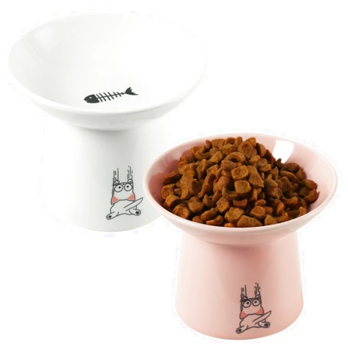 WUHOSTAM 6.5 Inch Extra Wide Ceramic Raised Cat Bowls, Elevated Cat Food and Water Bowl, Anti Vomiting Pet Feeding Dish, Whisker Friendly, Protect Pet's Spine for Elder Big Cats, 2 Pack(White&Pink)