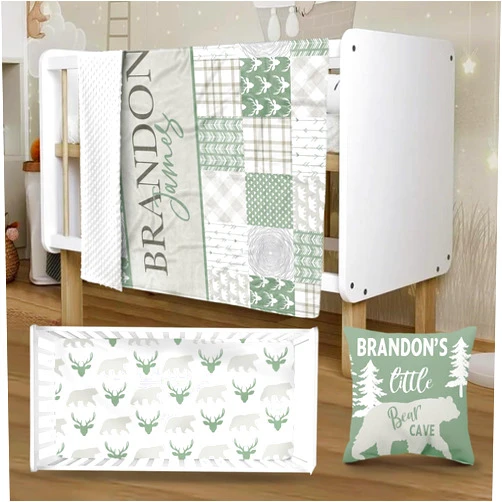 YISMEET Personalized Green Baby Crib Bedding Set, Newborns Gifts, Infant Deer Set with Name, Including Double Layer Blanket, Crib Sheet, Pillowcase